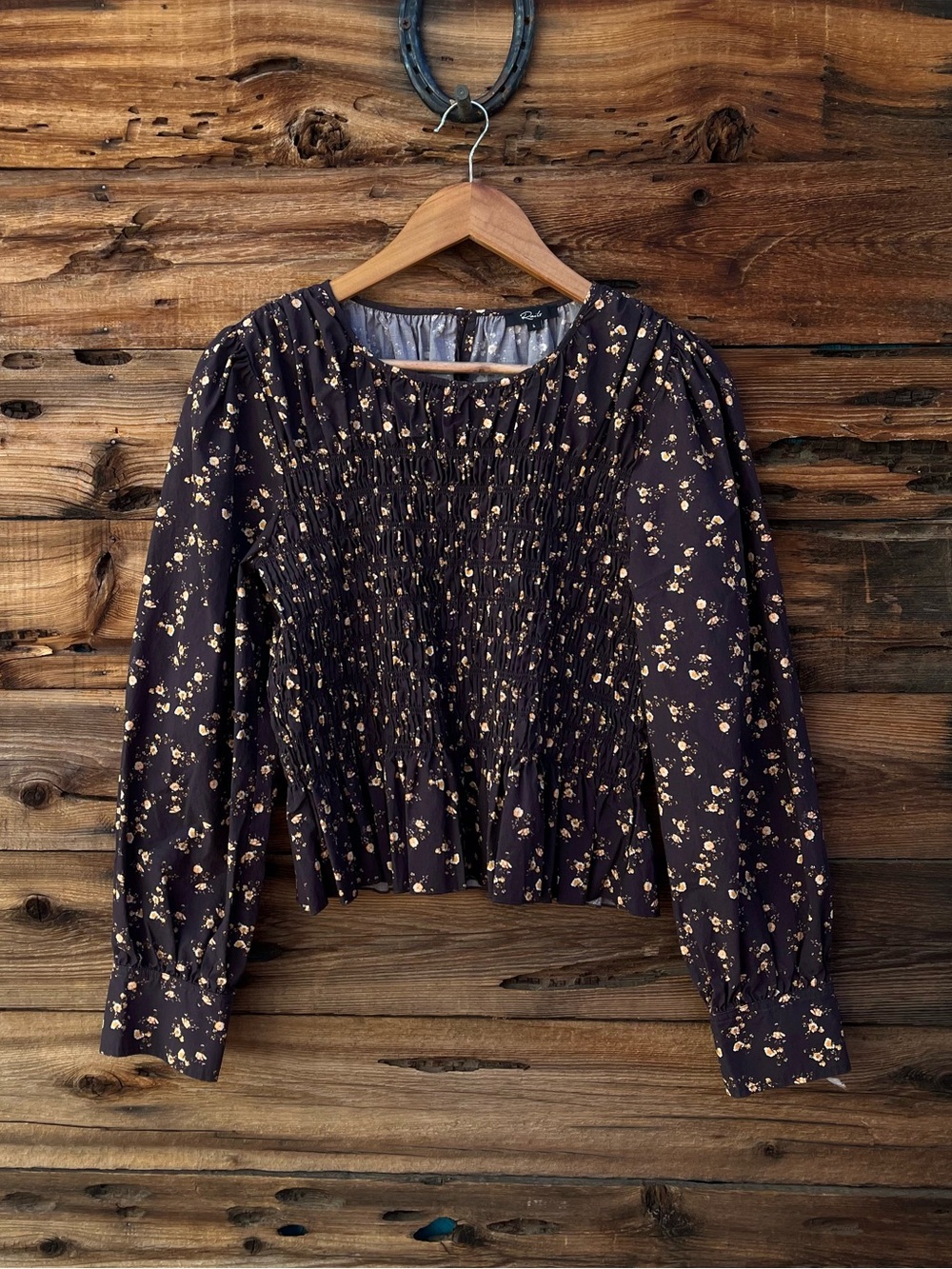 RAILS | Black Floral Smocked Long-Sleeve Blouse L